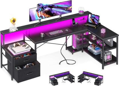 L Shaped Desk with File Drawer, 75" Reversible L Shaped Computer Desk with Power Outlet & LED Strip, Office Desk with Storage Shelves, Gaming Desk with Monitor Shelf, Corner Desk, Black
