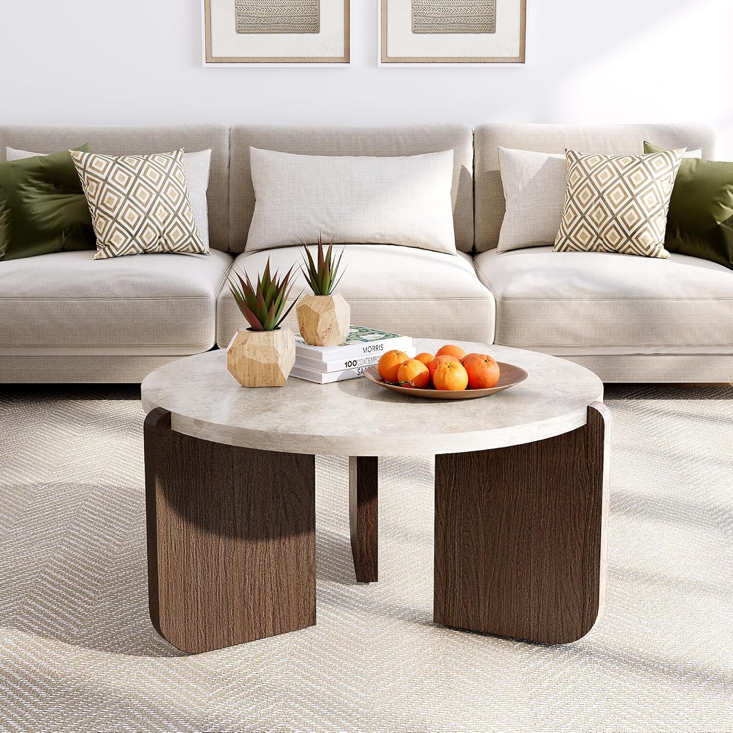 Modern round Coffee Table with Sturdy Base, Wood Center Tables for Living Room Reception Room, Faux Marble Tabletop, Easy Assemble
