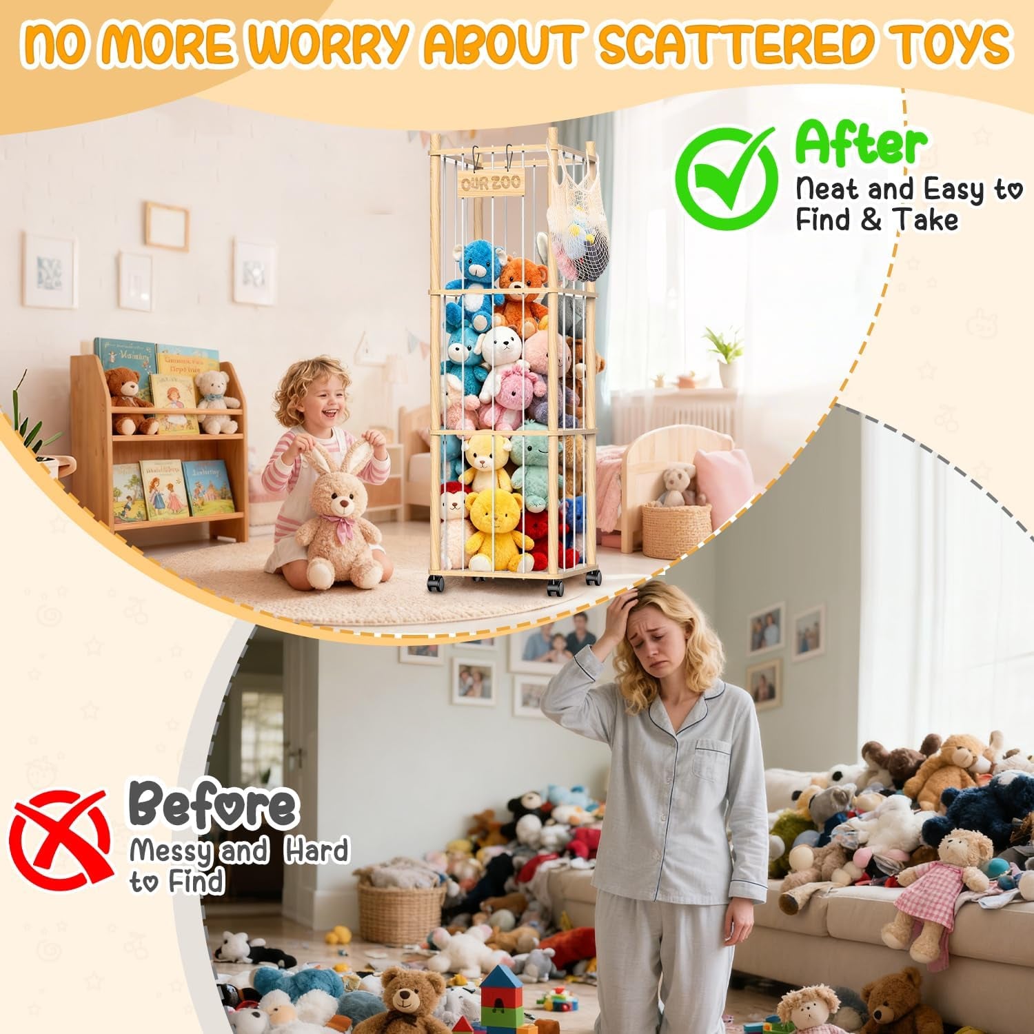 Stuffed Animal Storage & Holder, Natural Pine Wood Plushies Storage with Wheels, Large Capacity Stuffed Animal Zoo with Building Block Bag, Space save Toy Organizer for Nursery Playroom & Bedroom