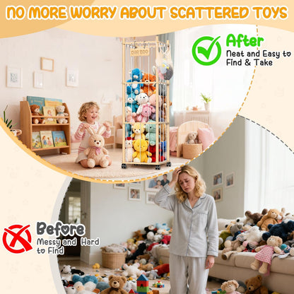 Stuffed Animal Storage & Holder, Natural Pine Wood Plushies Storage with Wheels, Large Capacity Stuffed Animal Zoo with Building Block Bag, Space save Toy Organizer for Nursery Playroom & Bedroom