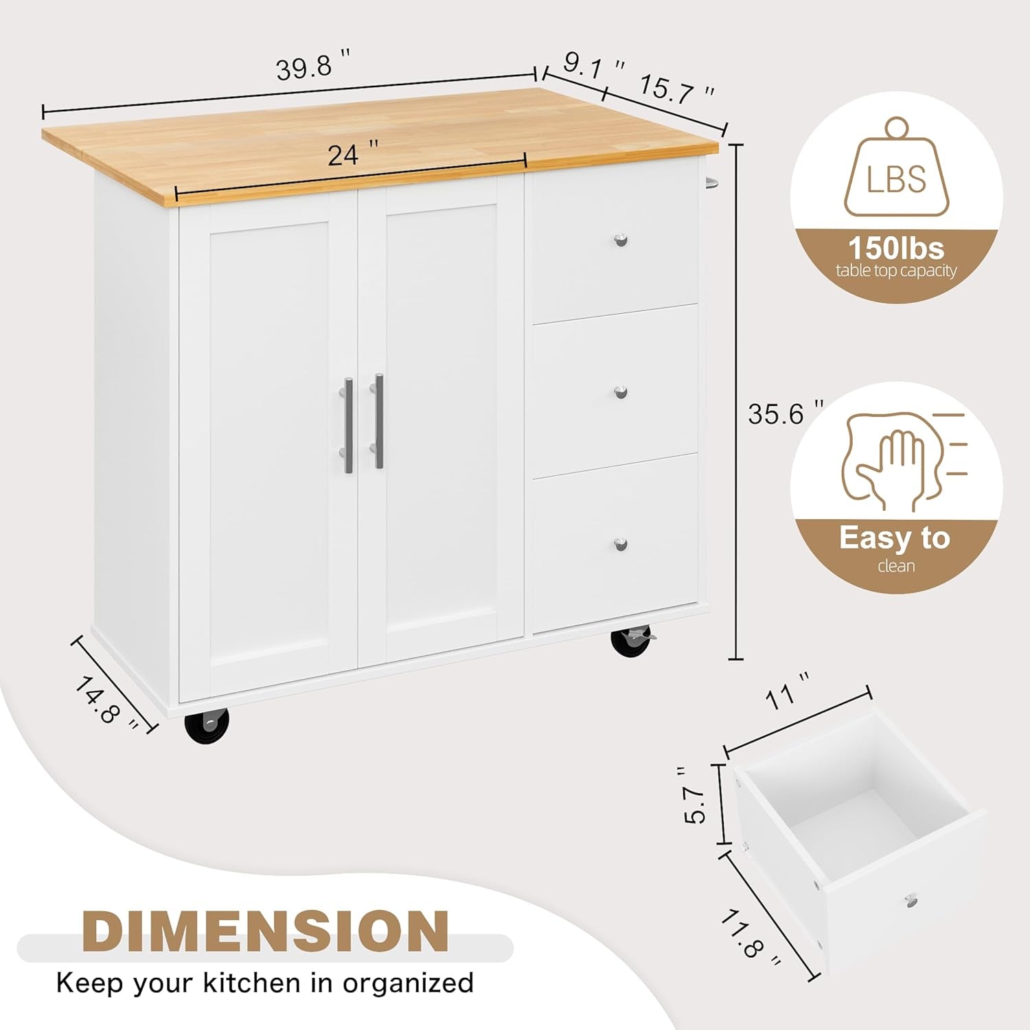 47”W Kitchen Storage Island Cart with 6 Open Shelves and 1 Cabinet, Portable Trolley Cart with Wood Work Top and Handle/Towel Rack, White