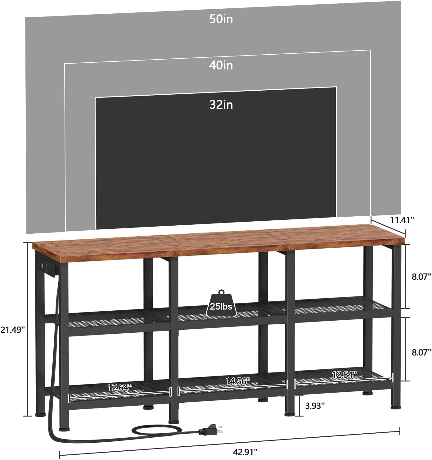 TV Stand with Power Outlets, Small Entertainment Center with Open Storage Shelves, Media Console Center for Tvs up to 50 Inch, Television Stands for Living Room/Bedroom, Rustic Brown