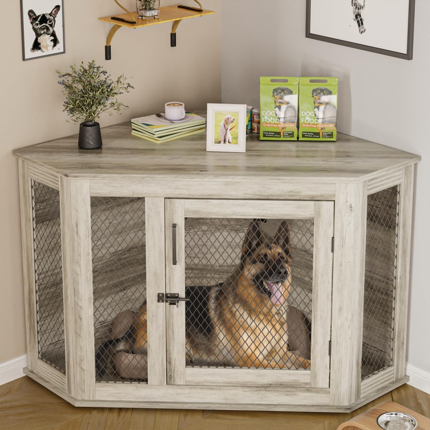 44Inch Corner Dog Crate Furniture,Wooden Dog Kennel Furniture with Mesh,Decorative Wood Dog House for Indoor Use,For Small/Medium/Large Dog,Perfect for Limited Room