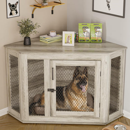 52Inch Corner Dog Crate Furniture,Wooden Dog Kennel Furniture with Mesh,Decorative Wood Dog House for Indoor Use,For Small/Medium/Large Dog,Perfect for Limited Room