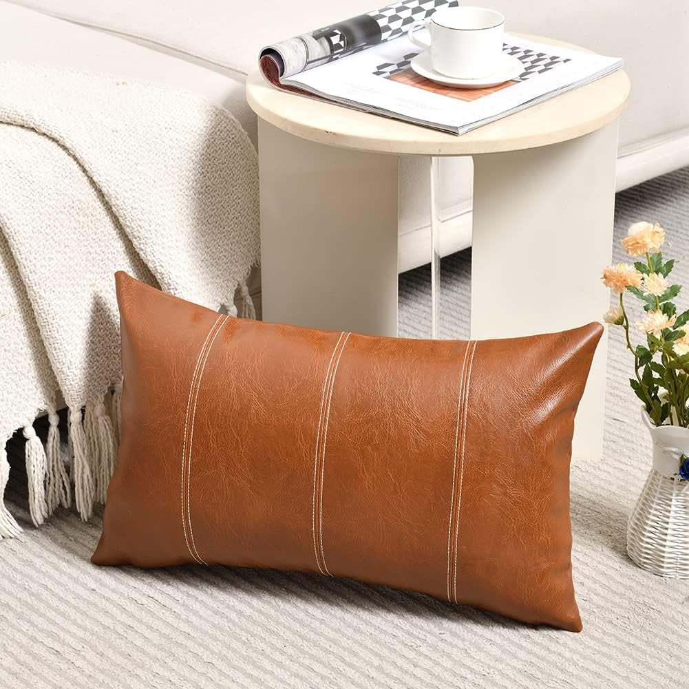 2 Packs Brown Boho Lumbar Faux Leather Decorative Throw Pillow Covers 12X20 Inch for Living Room Couch Bed Sofa, Hand Stitched Rectangle Cushion Case, Rustic Modern Farmhouse Home Decor