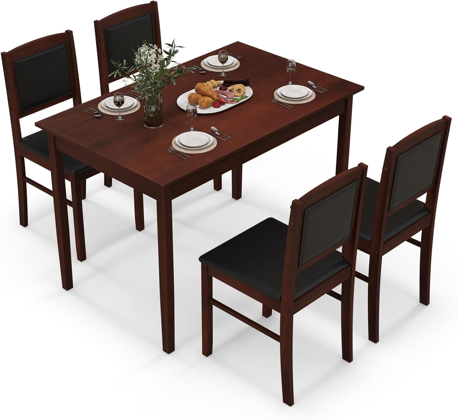5-Piece Dining Table Set for 4 - Breakfast Nook Table Set with Kitchen Table, 4 Upholstered Chairs, Wood Legs, Space-Saving Dinette Set, Kitchen Table Chairs Set of 4 (Cherry Brown)
