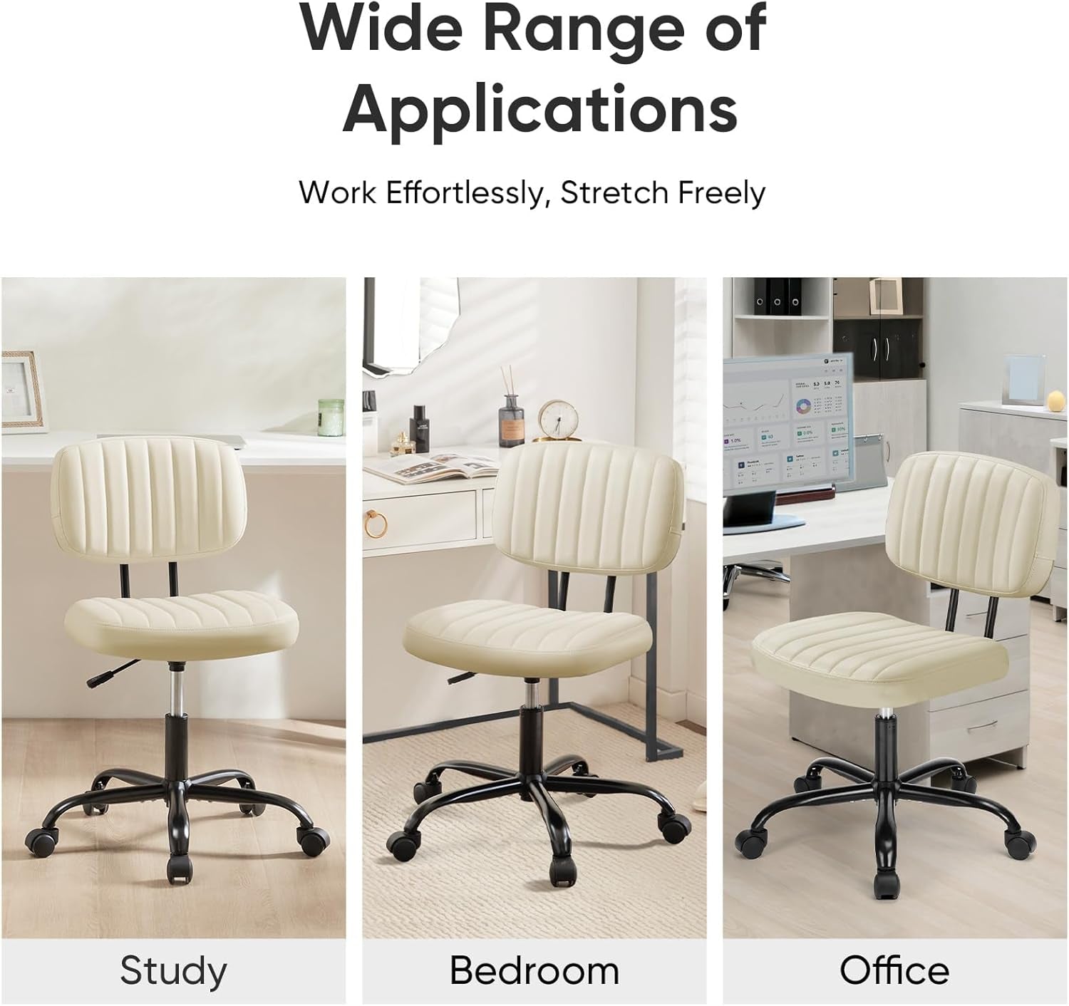 Armless Home Office Desk Chair -Small Ergonomic with Low Back Lumbar Support, Height Adjustable PU Leather Computer Task with 360° Swivel Rolling Wheels, for Small Space, Beige White