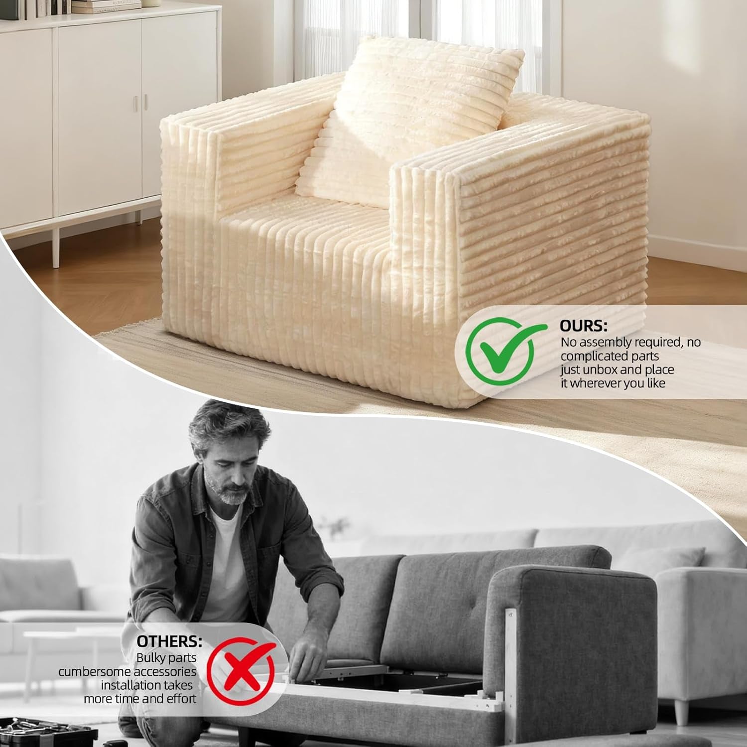 Boneless Cloud Couch Sofa, 2 Seater Deep Seat Modern Lounge Sleeper Couch, No Assemble, Corduroy Compression Upholstered Couches for Living Room, Bedroom, Apartment, Dorm, Office