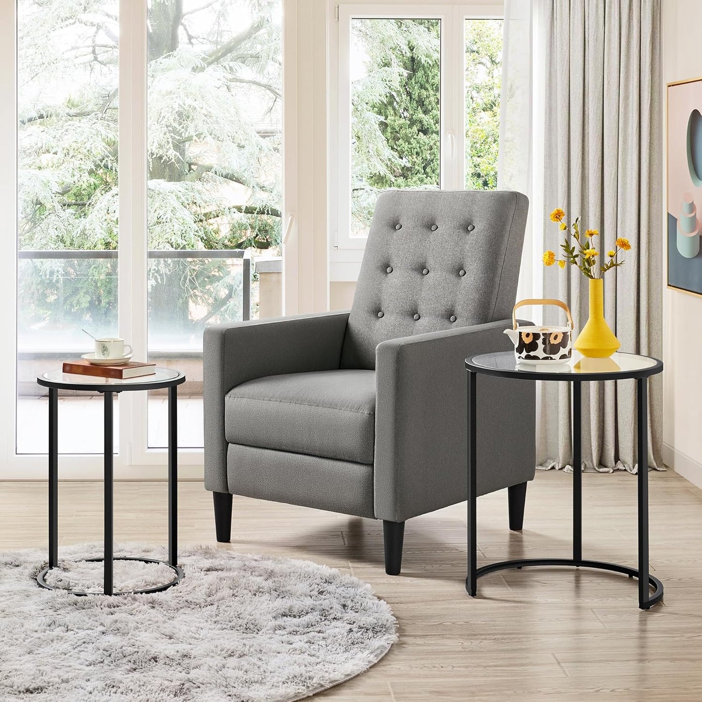 round Nesting End Table Set of 2,Stacking Side Tables,Coffee Tables Set W/Metal Frame & Glass Top & Protective Foot Pads for Small Space, Living Room, Office- Black