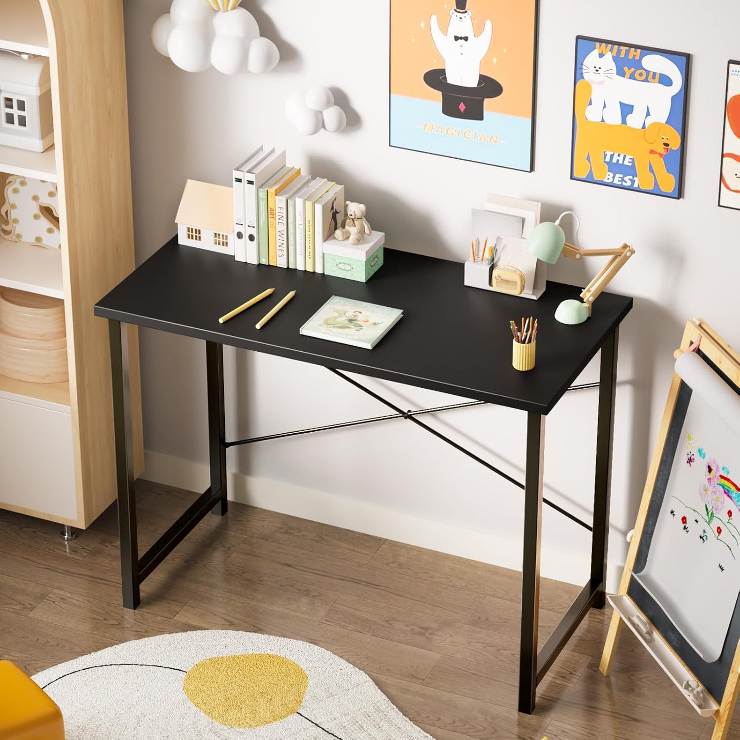Small Computer Office Desk 40 Inch Student Study Writing Work with Metal Frame Wood Tabletop Modern Simple Home Bedroom PC Table - Black