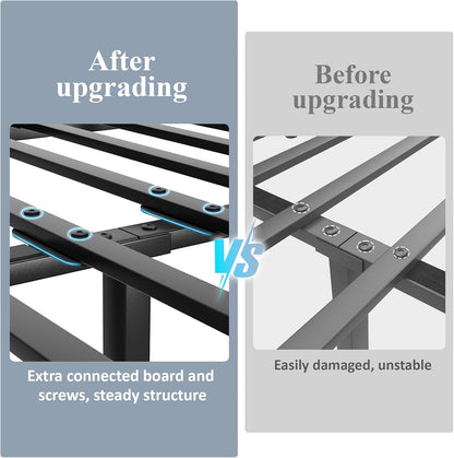 Queen Size Bed Frame with Storage Headboard and LED Lights, Industrial Platform Bed with Charging Station, Heavy Duty Metal Slats, No Box Spring Need, Noise Freee, Grey