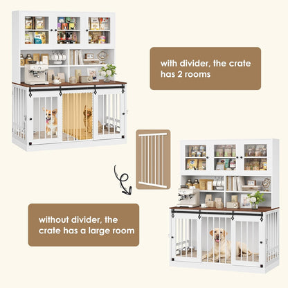 71"H X 55"L Large Dog Crate Furniture with Hutch Shelf and Glass Door, Indoor Dog Kennel with Divider and Feeding Bowls for Large Dogs 2 Pets, Heavy Duty Dog Cage Pet House with 4 Doors, Black