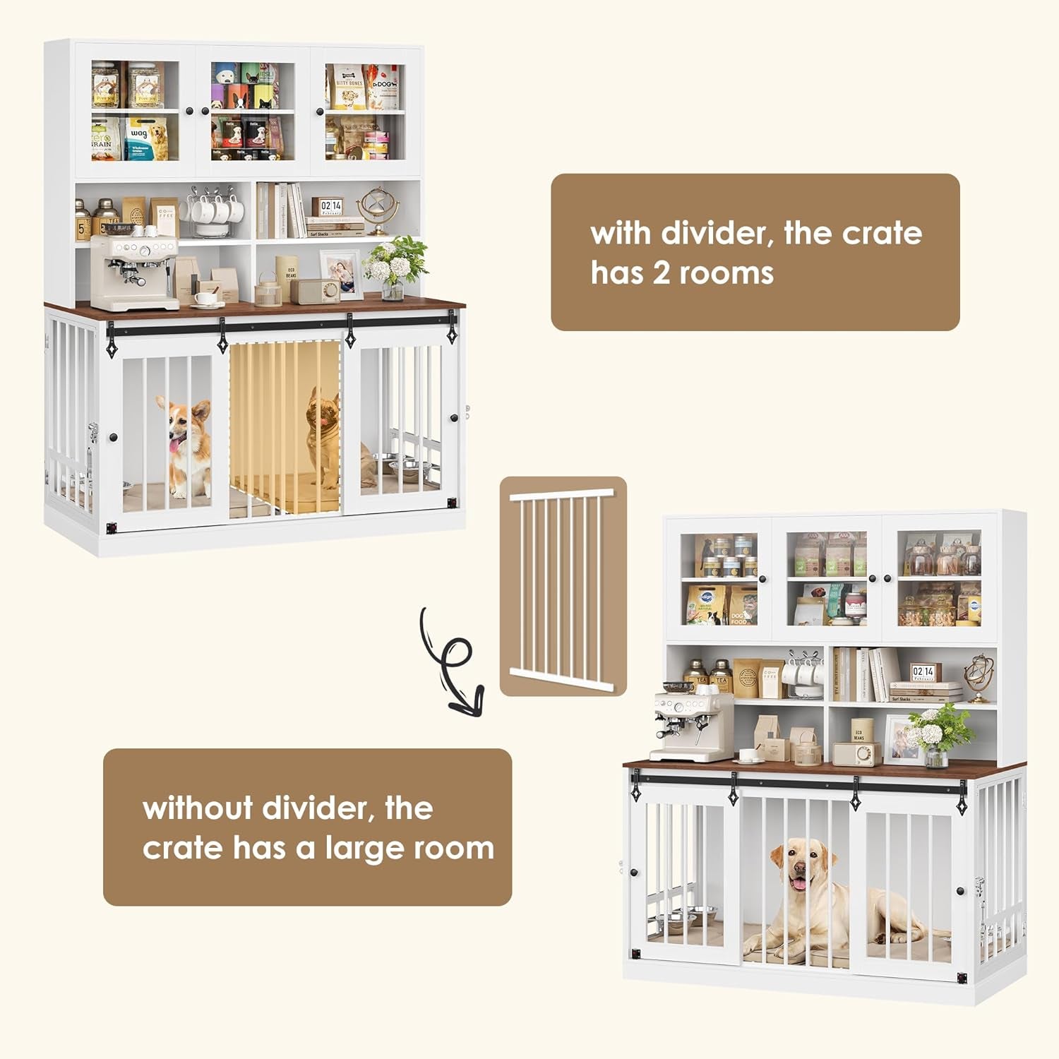 71"H X 55"L Large Dog Crate Furniture with Hutch Shelf and Glass Door, Indoor Dog Kennel with Divider and Feeding Bowls for Large Dogs 2 Pets, Heavy Duty Dog Cage Pet House with 4 Doors, White