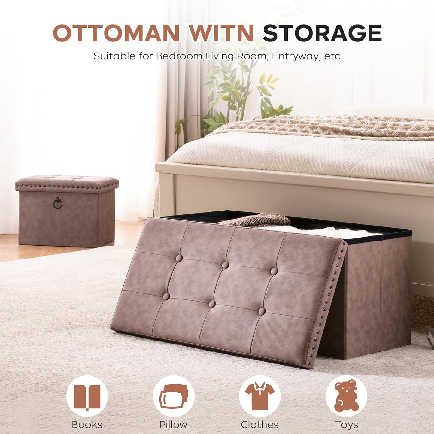 16 Inches Folding Cube Storage Ottoman, Small Leather Foot Rest Stool with Button Tufted Rivet Design, Footstool Bench, Ottoman with Storage for Living Room, Coffee Table 242 Lbs, Oak Brown