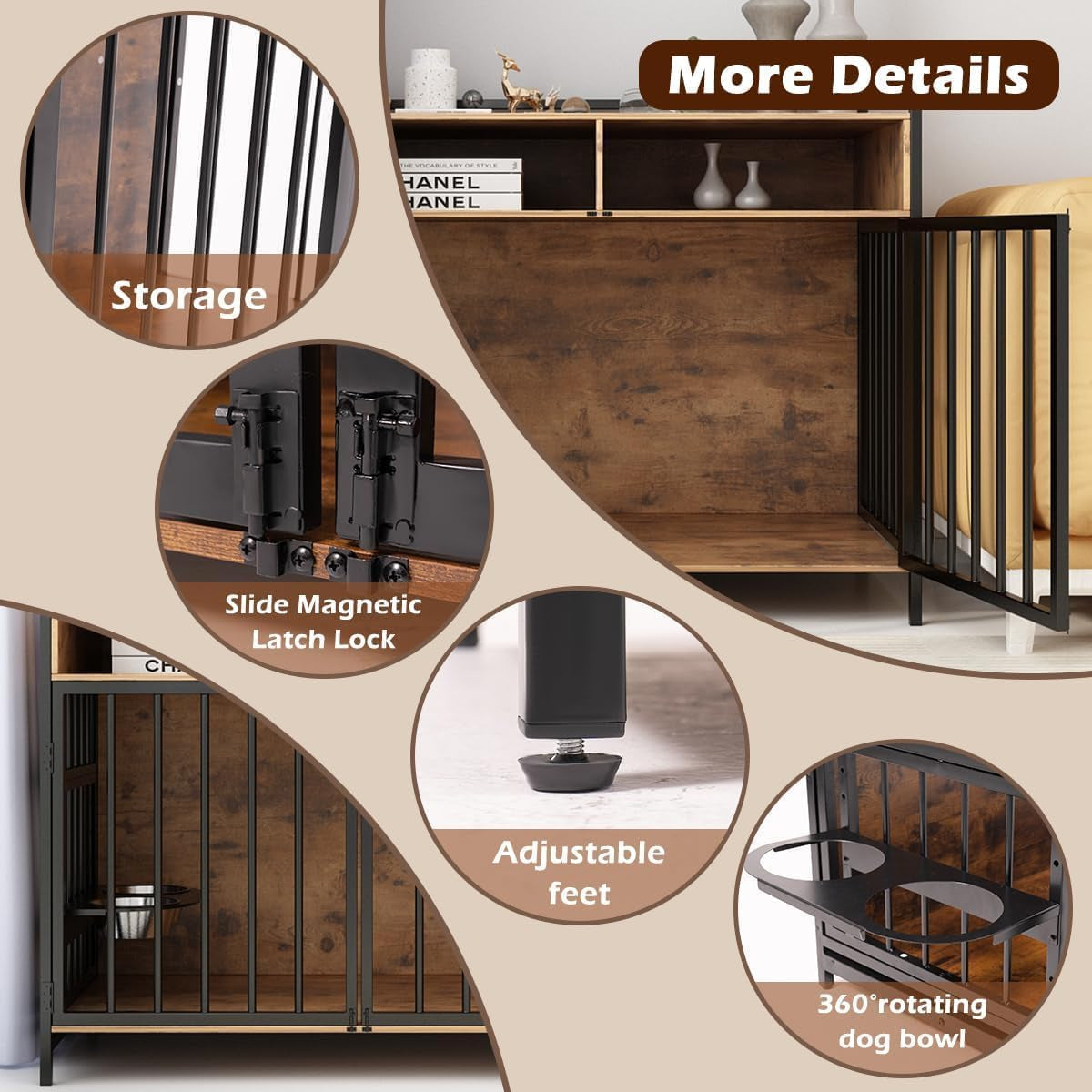 Large Dog Crate Furniture - 48" Vintage Brown Wooden Kennel for Big Dogs, Heavy Duty Chew-Proof Cage with 360° & Adjustable Raised Feeder, Dual Use as End Table or TV Stand