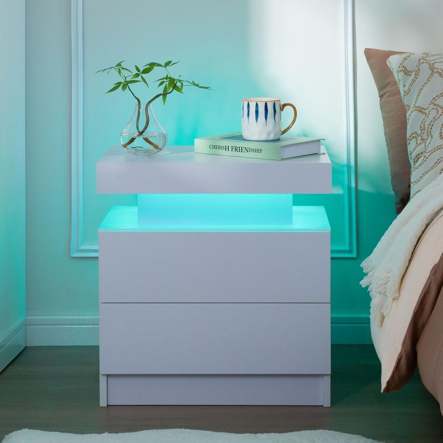 Nightstand Set of 2 LED Nightstand with 2 Drawers,Night Stand Set 2 with LED Light,Bedside Table with Drawers for Bedroom,White