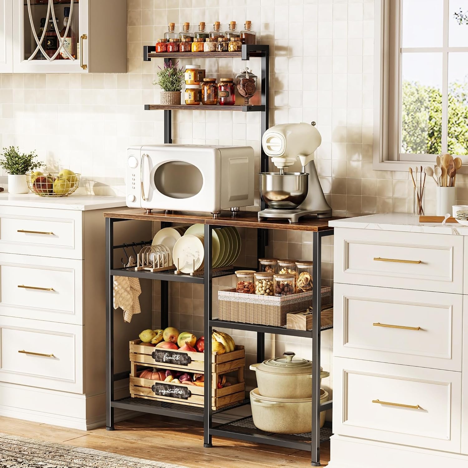 31.5 Inch Bakers Rack with Power Outlets, Kitchen Microwave Stand with Storage, Coffee Bar with 4 Hooks, 3-Level Height Open Shelves, Rustic Brown