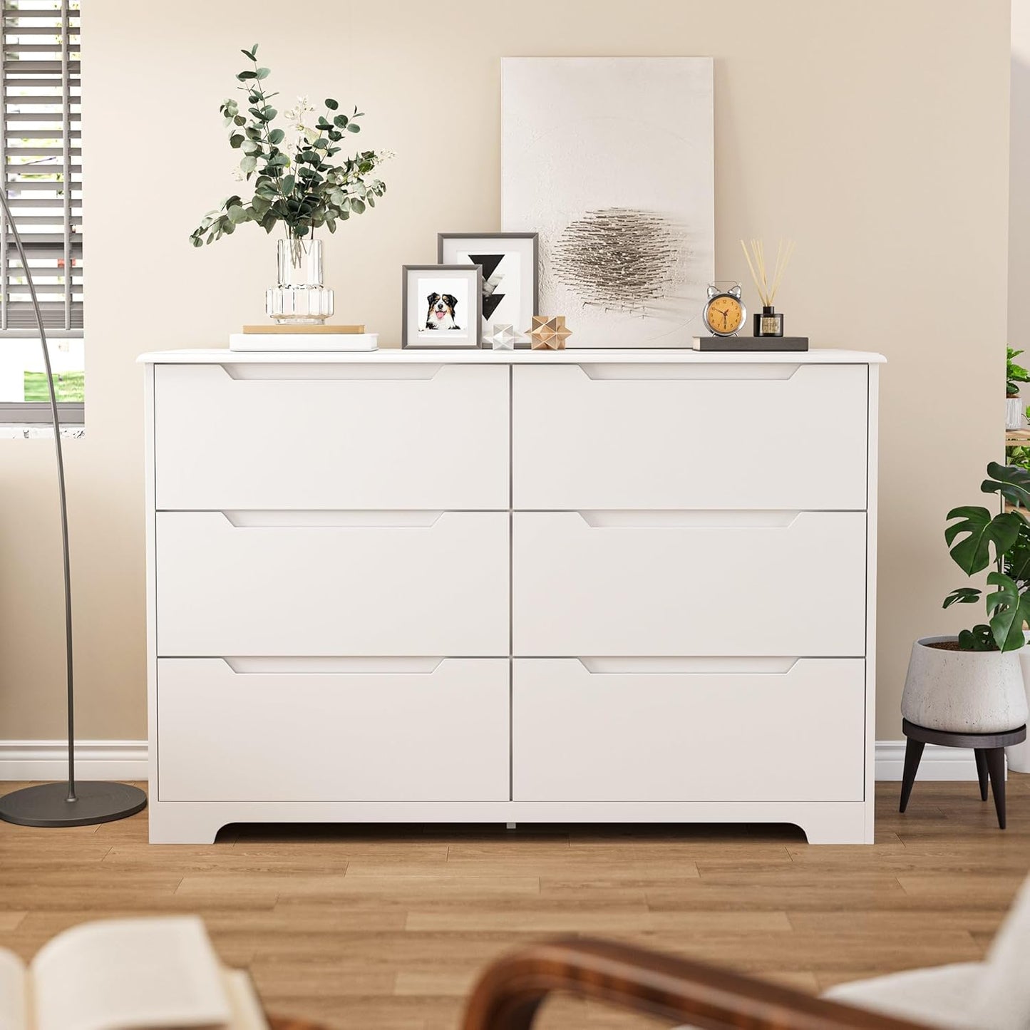 6 Drawer Double Dresser for Bedroom with Anti-Tip Design, Modern Wide Wooden Chest of Drawers with Cut-Out Handles, Closet Storage Organizer and TV Stand for Living Room, Hallway, Entryway