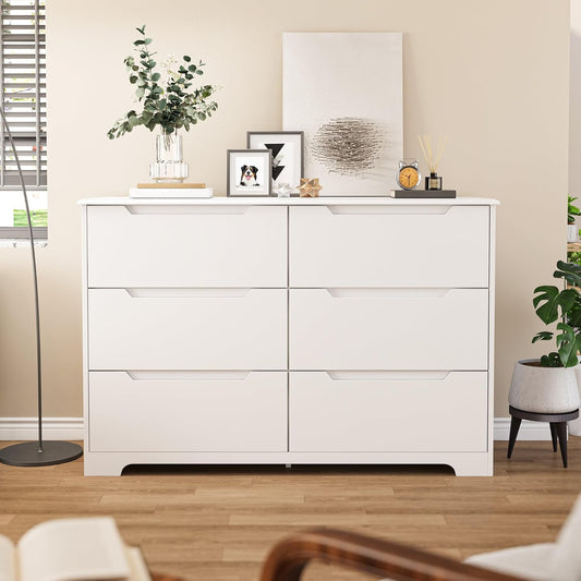 6 Drawer Double Dresser for Bedroom with Anti-Tip Design, Modern Wide Wooden Chest of Drawers with Cut-Out Handles, Closet Storage Organizer and TV Stand for Living Room, Hallway, Entryway
