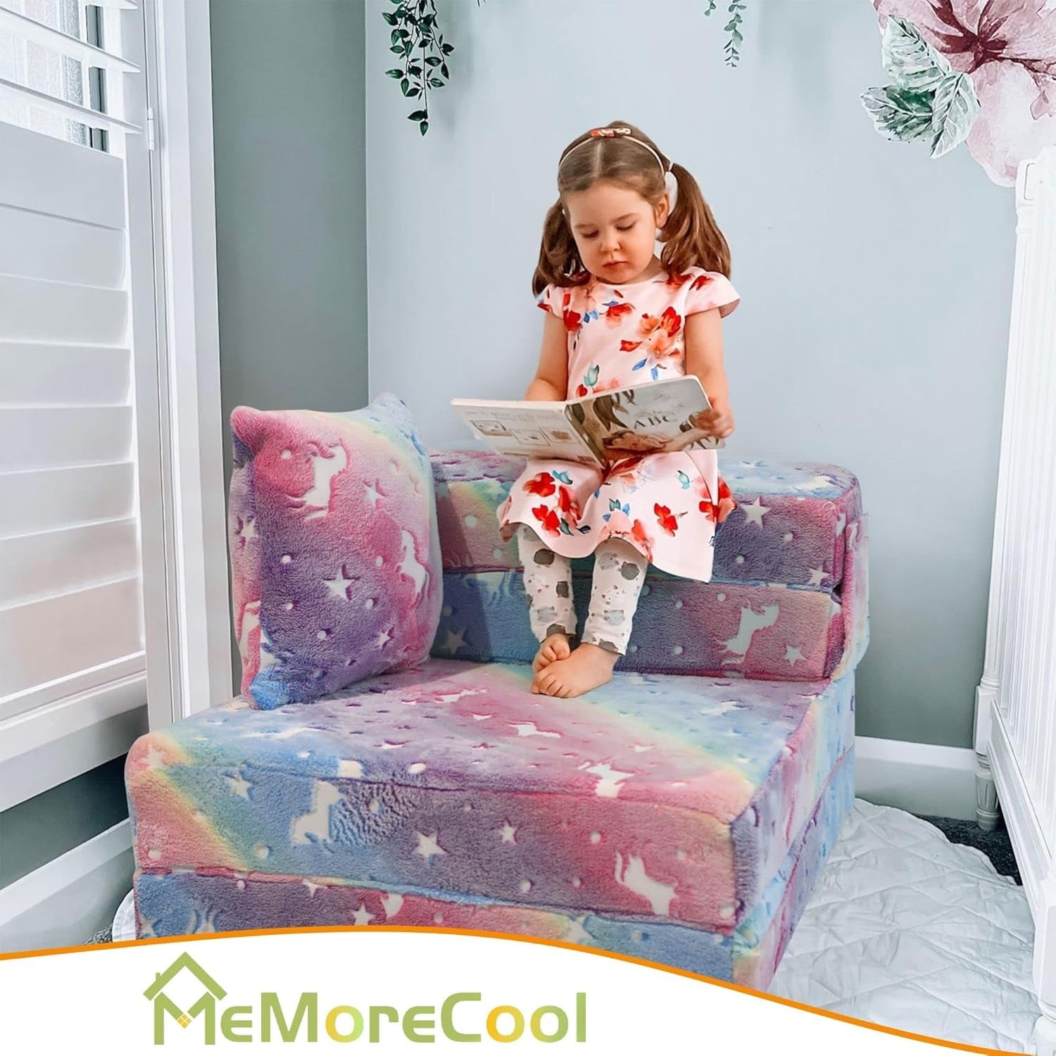 Glow Rainbow Unicorn Tri-Fold Sofa Bed for Kids, Foldable Futon Mattress, Chair, and Floor Couch for Playroom