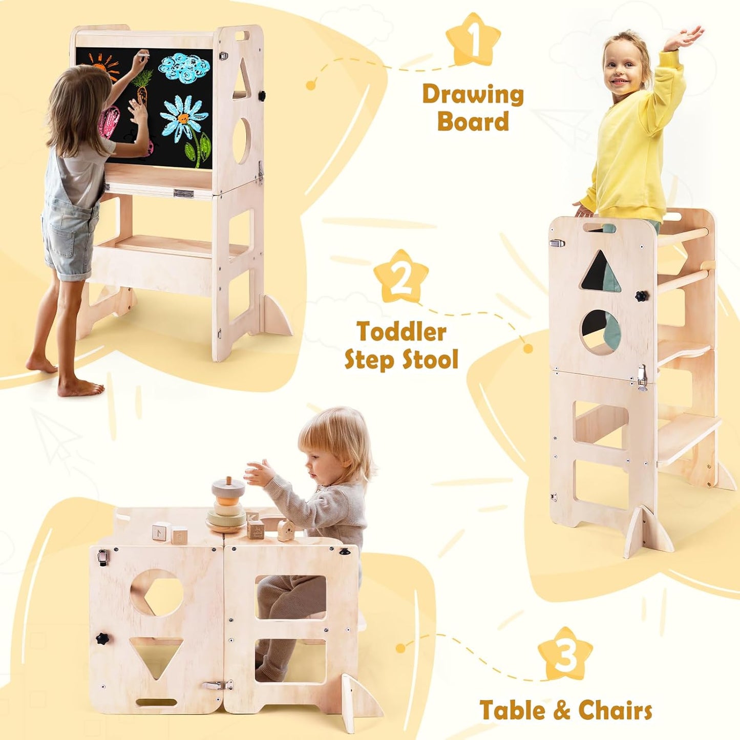4-In-1 Toddler Kitchen Step Stool, Foldable Learning Standing Tower with Blackboard, Wooden Kitchen Stool Helper for Kids, 1-3 Year Old Boy Girl Gifts