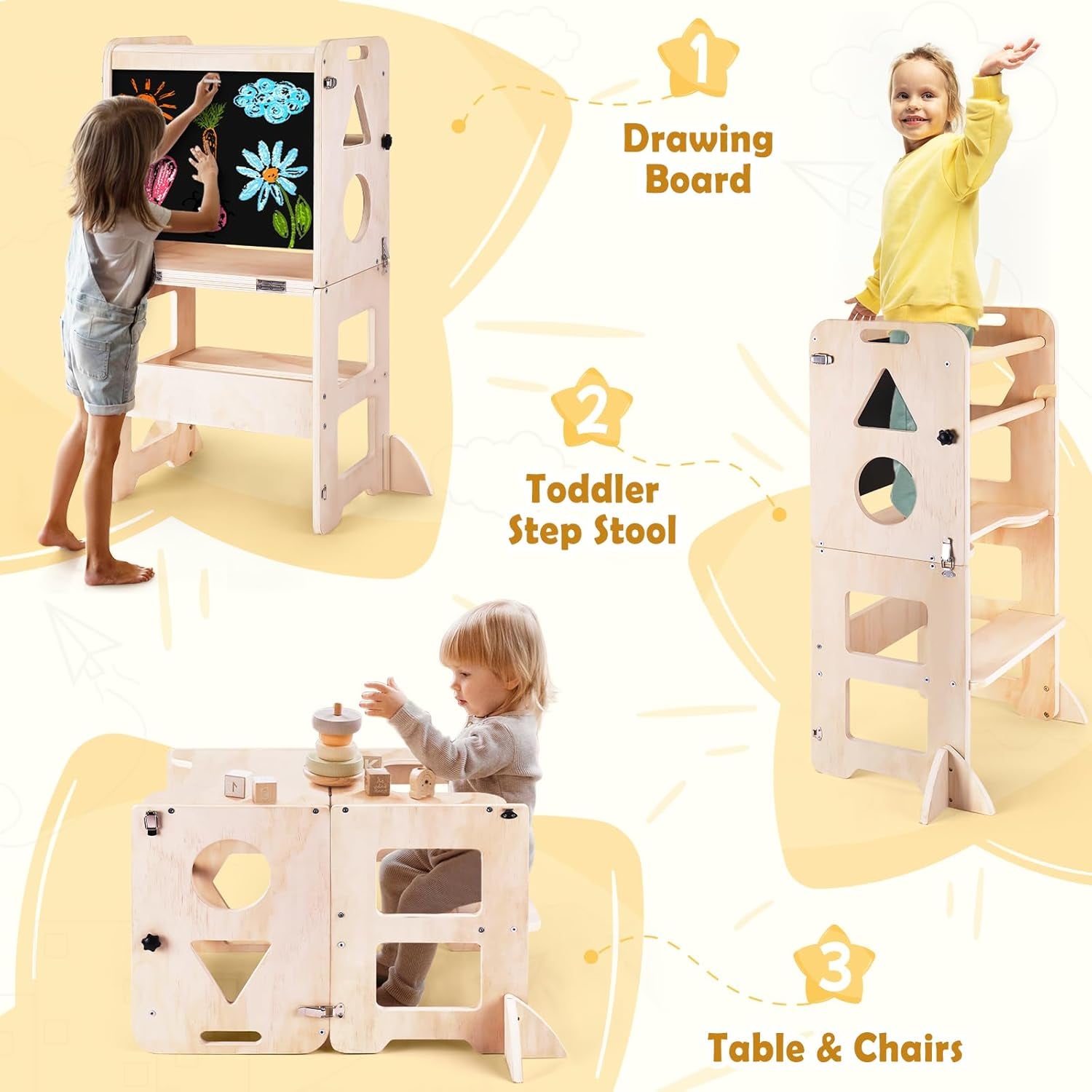 4-In-1 Toddler Kitchen Step Stool, Foldable Learning Standing Tower with Blackboard, Wooden Kitchen Stool Helper for Kids, 1-3 Year Old Boy Girl Gifts