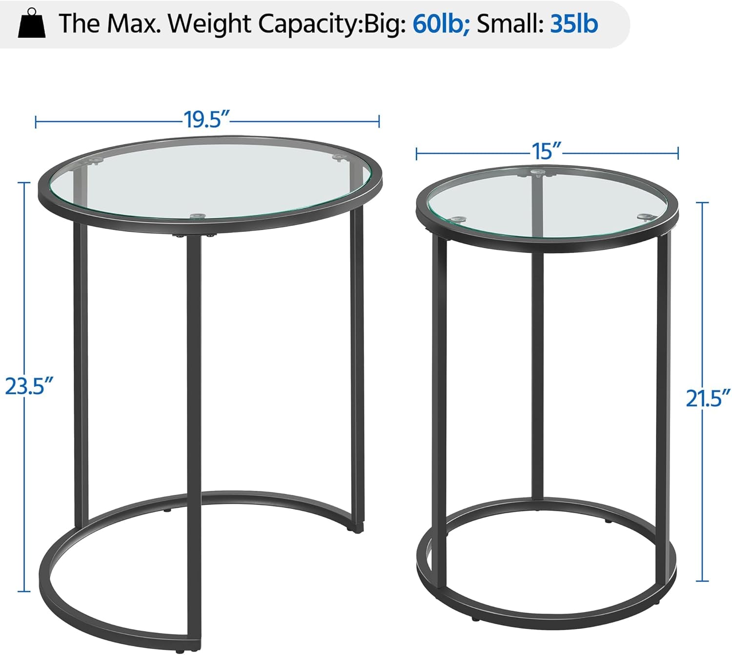 round Nesting End Table Set of 2,Stacking Side Tables,Coffee Tables Set W/Metal Frame & Glass Top & Protective Foot Pads for Small Space, Living Room, Office- Black