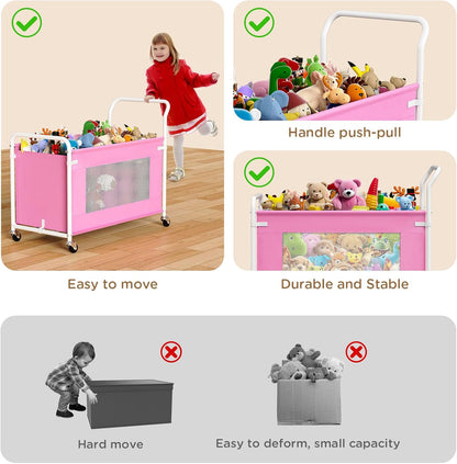 Extra Large Toy Box for Kids with 360° Rotating Wheels, Heavy Duty Toy Chest for Boys and Girls, Toy Storage Organizer for Kids, Toy Bins for Living Room, Nursery, Bedroom (Pink)