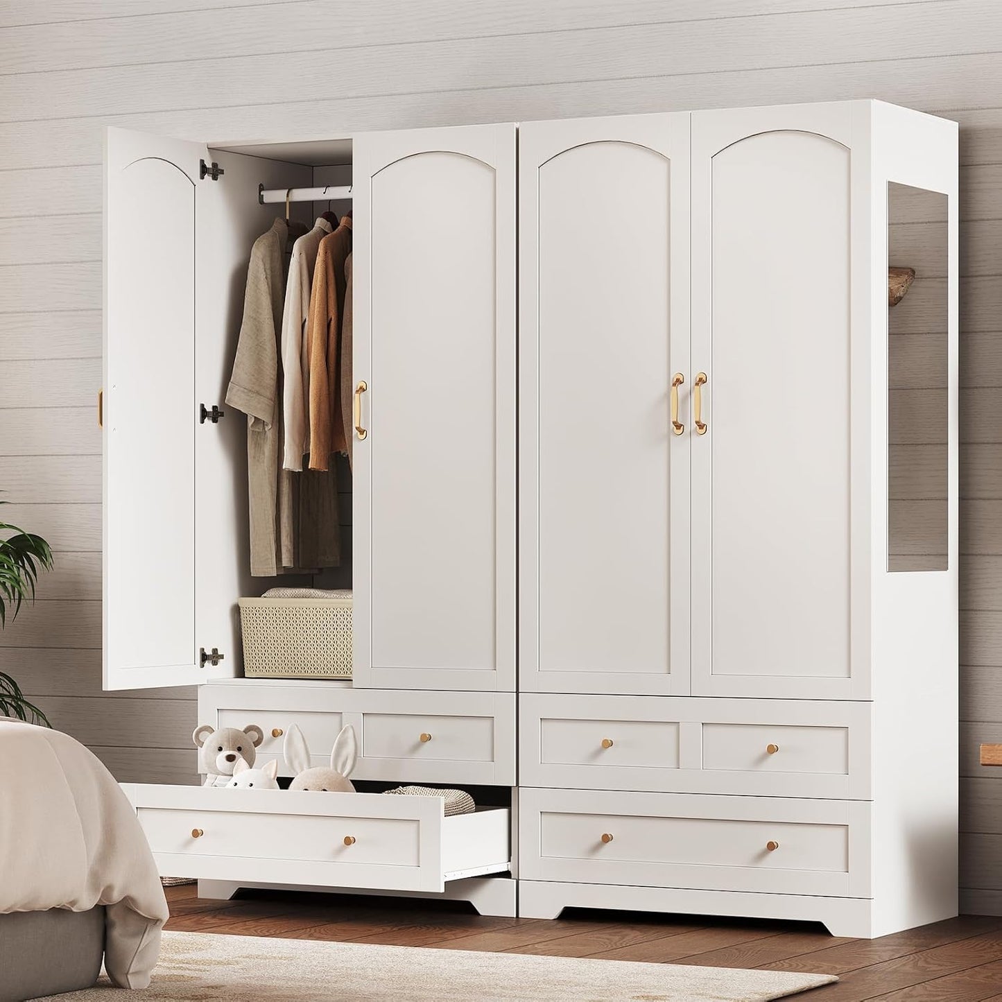Armoire Wardrobe Closet with 2 Storage Drawers & 2 Door Cabinet, Bedroom Armoires with Full-Length Mirror, White Freestanding Wardrobe Combination with Hanging and Organizing Clothes for Home