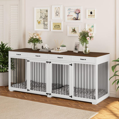 Dog Crate Furniture, 72.4 Inch Indoor Wooden Dog Kennel Cage House, Modern Decorative End Table with Double Doors, Drawers, Divider, for Large Medium Breeds, Black