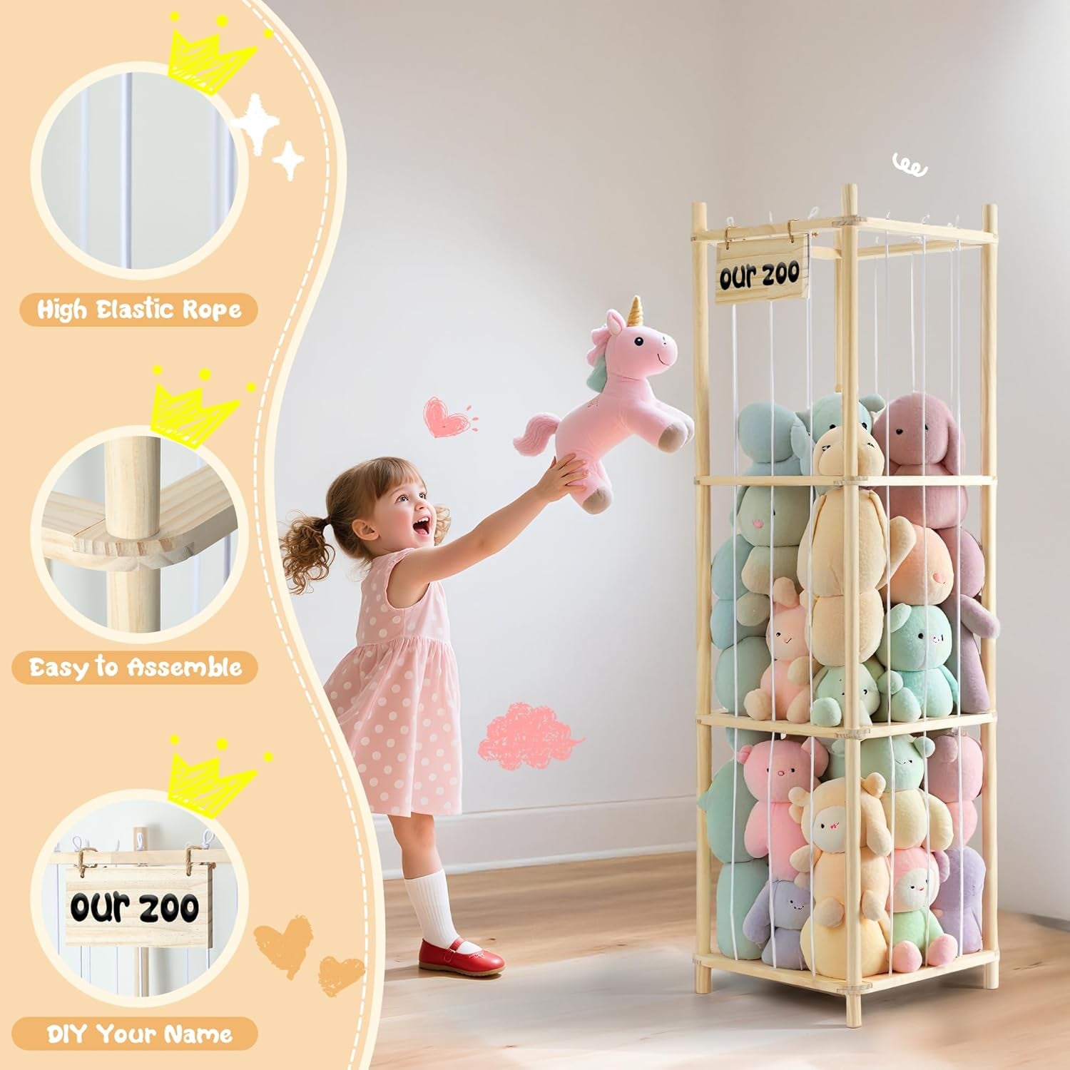 Stuffed Animal Storage, Wooden Zoo Stuffed Animal Holder with Elastic Cords, Space save Toy Organizer, Extra Large Capacit Stuffed Animal Organizer for Playroom, Bedroom, Nursery