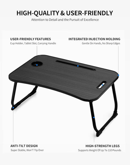 Laptop Bed Desk, Foldable Lap Desk, Portable Lap Table, Laptop Stand with Cup Holder & Tablet Slot & Lifting Handle for Working Writing Drawing & Eating - Black