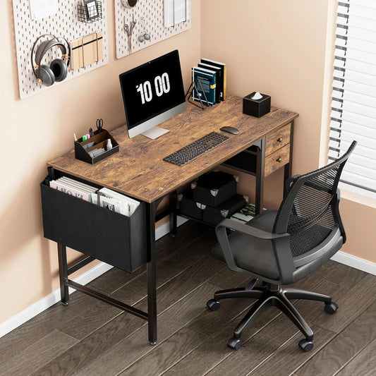 Computer Desk with Drawers - 40 Inch Work Reversible Small Desk for Bedroom Home Office, Simple Study Writing Table PC Desks with Drawer Storage Shelves, Rustic Brown
