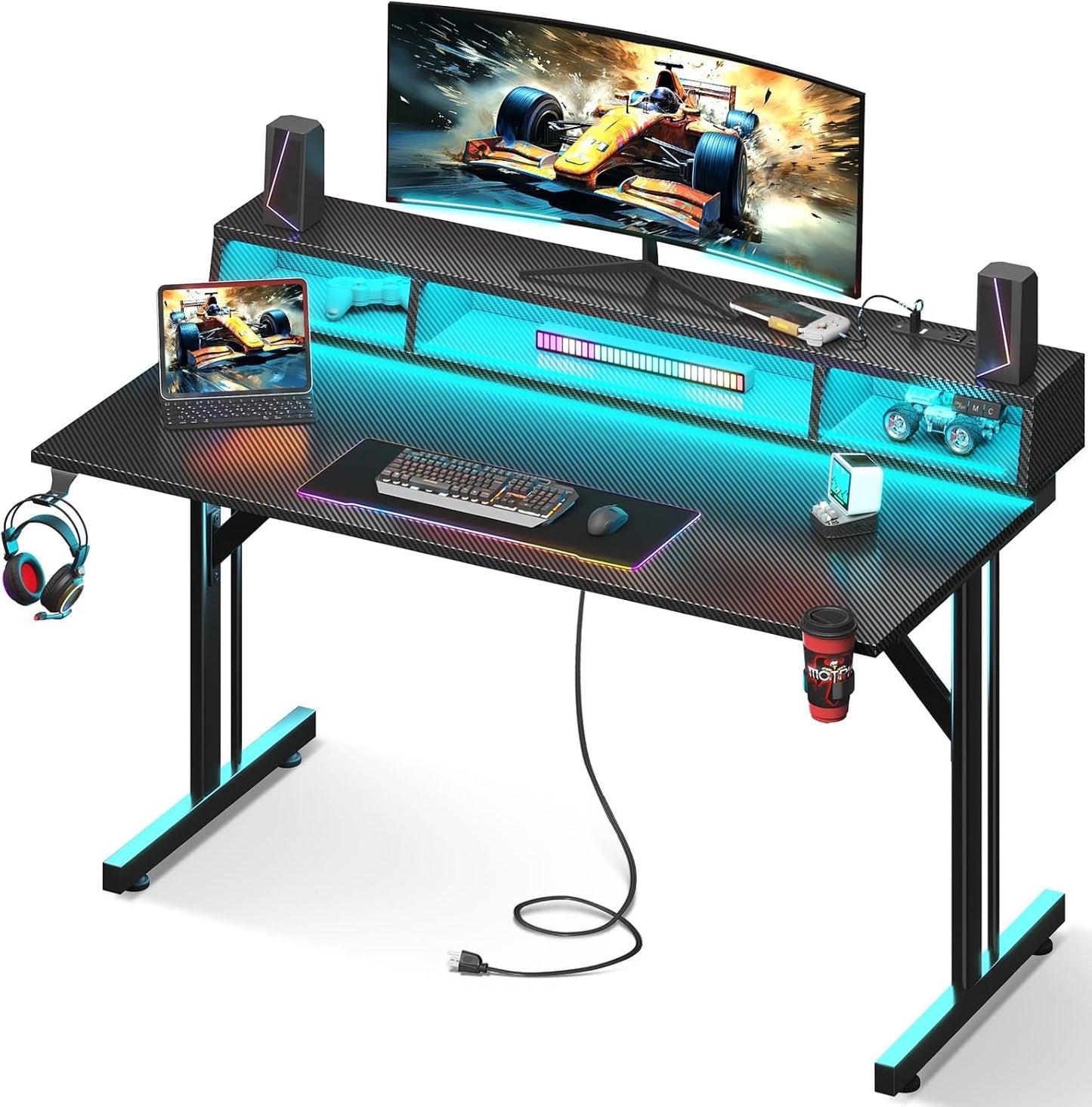 48 Inch Gaming Desk with LED Lights & Power Outlets, Small Computer Gaming Table with Float Monitor Stand, Kids Boys Desk with Carbon Fiber Texture