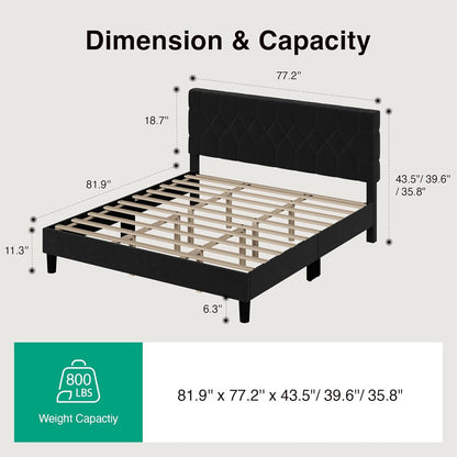 Queen Bed Frame with Headboard, Bed Frame Queen Size with Wood Slats Support, Linen Upholstered Pull-Point Headboard, No Box Spring Needed, Heavy Duty Feet, Easy Assembly, Beige