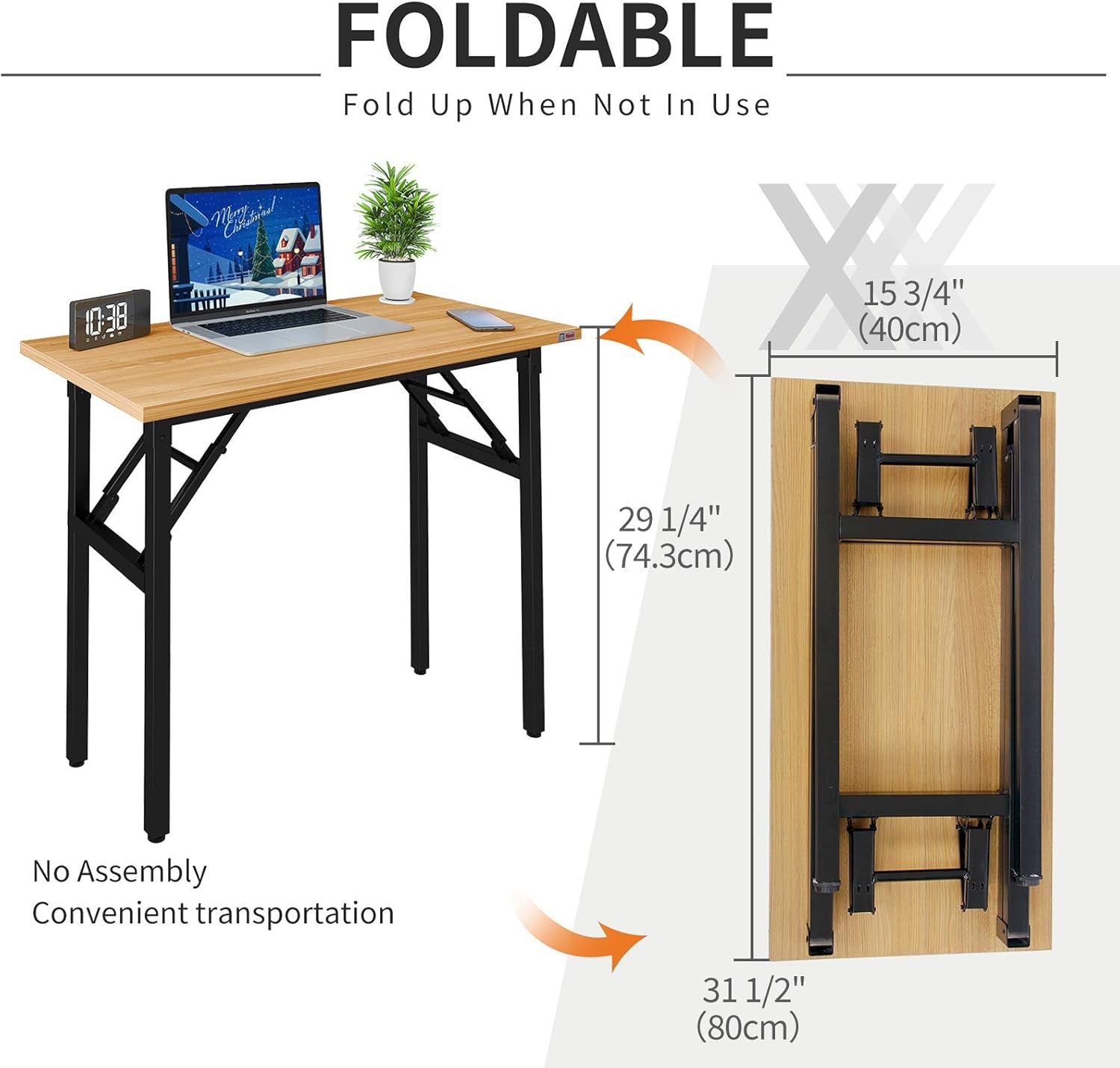 Folding Desk Small Desk 31 1/2" No Assembly Foldable Computer Desk for Small Space/Home Office/Dormitory,Teak&Black Frame