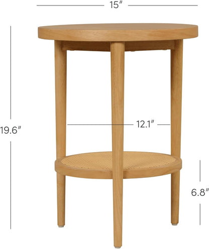 Sonia Boho round Accent End Table, Natural Sofa Side Table in Light Wood with Rattan Storage Shelf for Living Room, Bedroom or Nursery, Light Brown