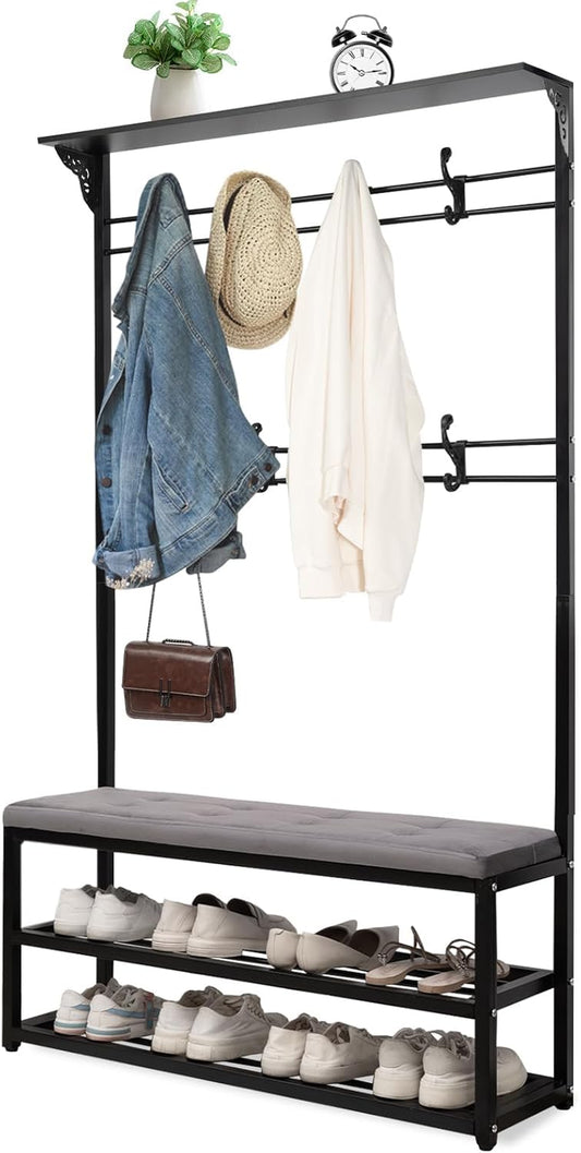 4-In-1 Entryway Hall Tree with Bench & Shoe Storage, 39.3" Multifunctional Coat Rack Organizer for Mudroom, Entryway Furniture with Adjustable Cushion, 400 Lb Weight Capacity.