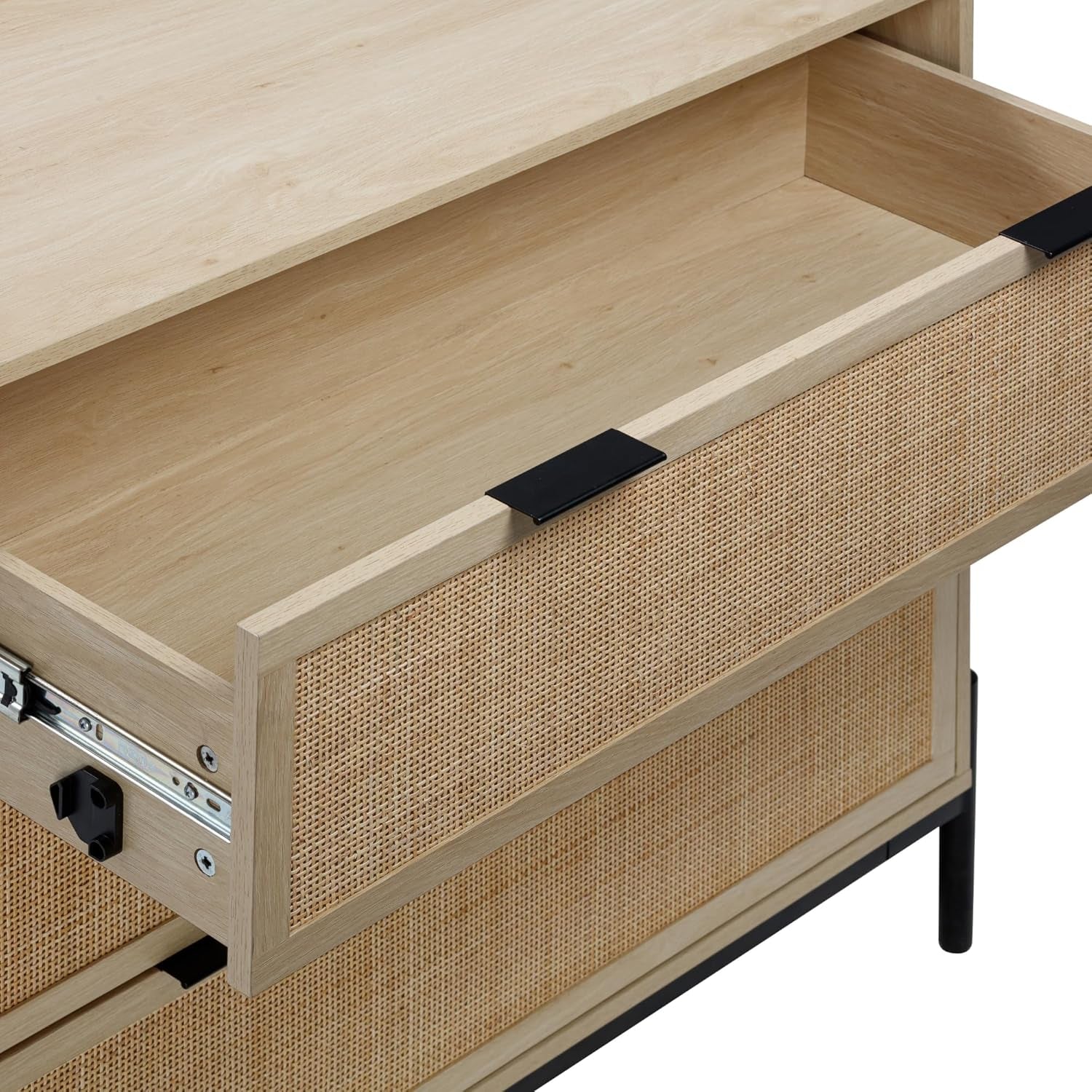 Andrew 3-Drawer Rattan Dresser or Bohemian Living Room Storage Cabinet with Natural Rattan Accent and Metal Legs, Light Oak/Black, Set of 2