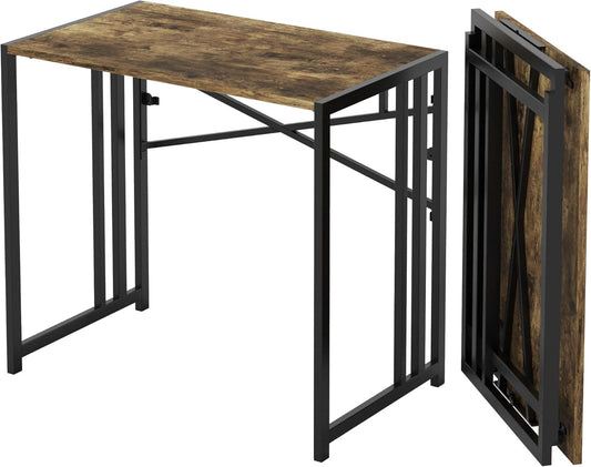 35 Inch Small Folding Computer Desk, Writing Gaming Computer Desk for Small Spaces, No Assembly Required Home Office Tale, Rustic Brown