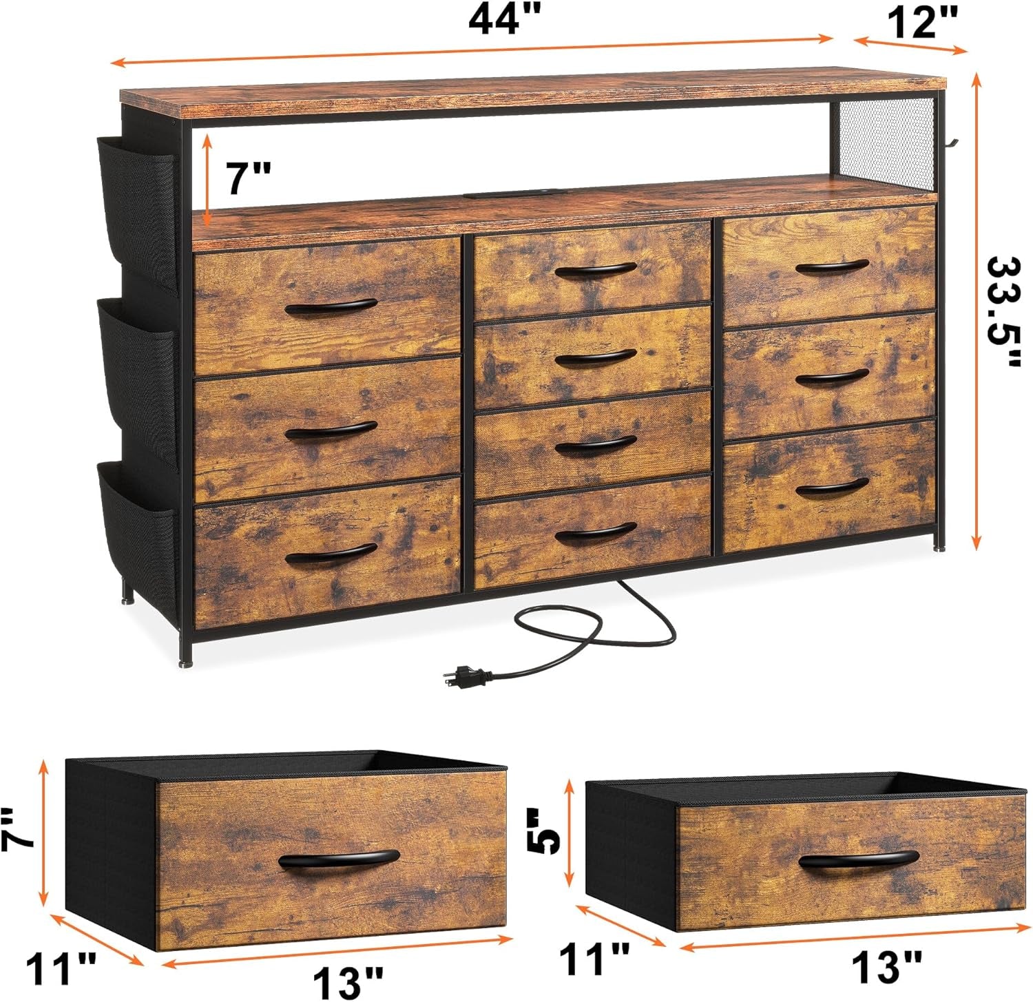 Dresser for Bedroom with 10 Drawers for 55" TV Stands for Living Room with LED Lights & Power Outlets Dressers with Shelves & Side Pockets Rustic Brown