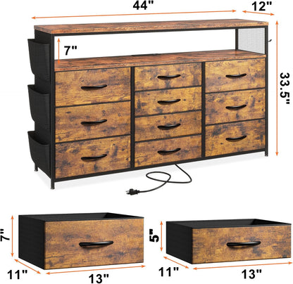 Dresser for Bedroom with 10 Drawers for 55" TV Stands for Living Room with LED Lights & Power Outlets Dressers with Shelves & Side Pockets Rustic Brown