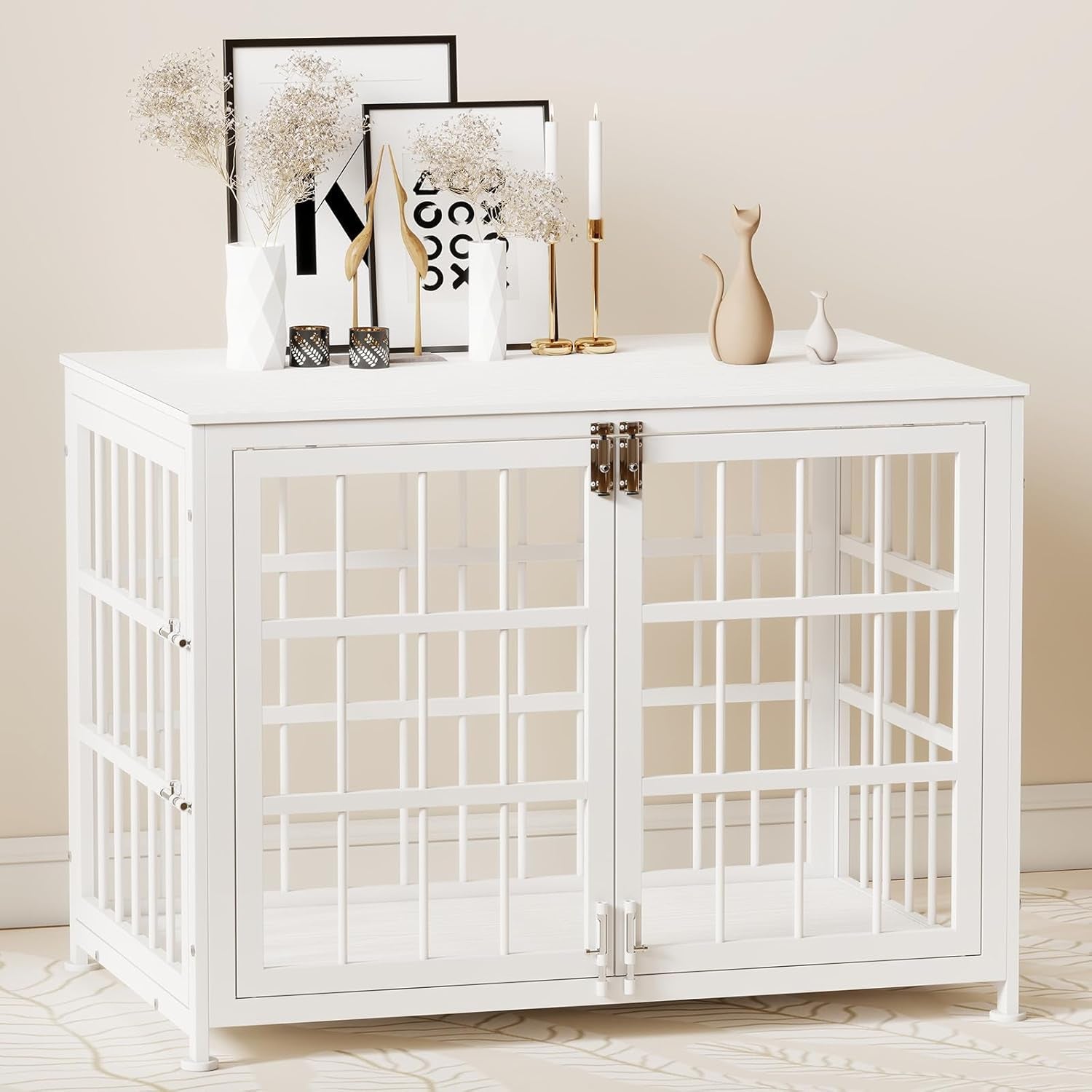 32 Inch Heavy Duty Indoor Dog Kennel with Multiple Secure Locks, Wooden End Table Dog Crate Furniture for Medium Dogs, Decorative Pet Cage for Home Use,White