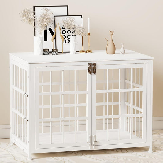 32 Inch Heavy Duty Indoor Dog Kennel with Multiple Secure Locks, Wooden End Table Dog Crate Furniture for Medium Dogs, Decorative Pet Cage for Home Use,White