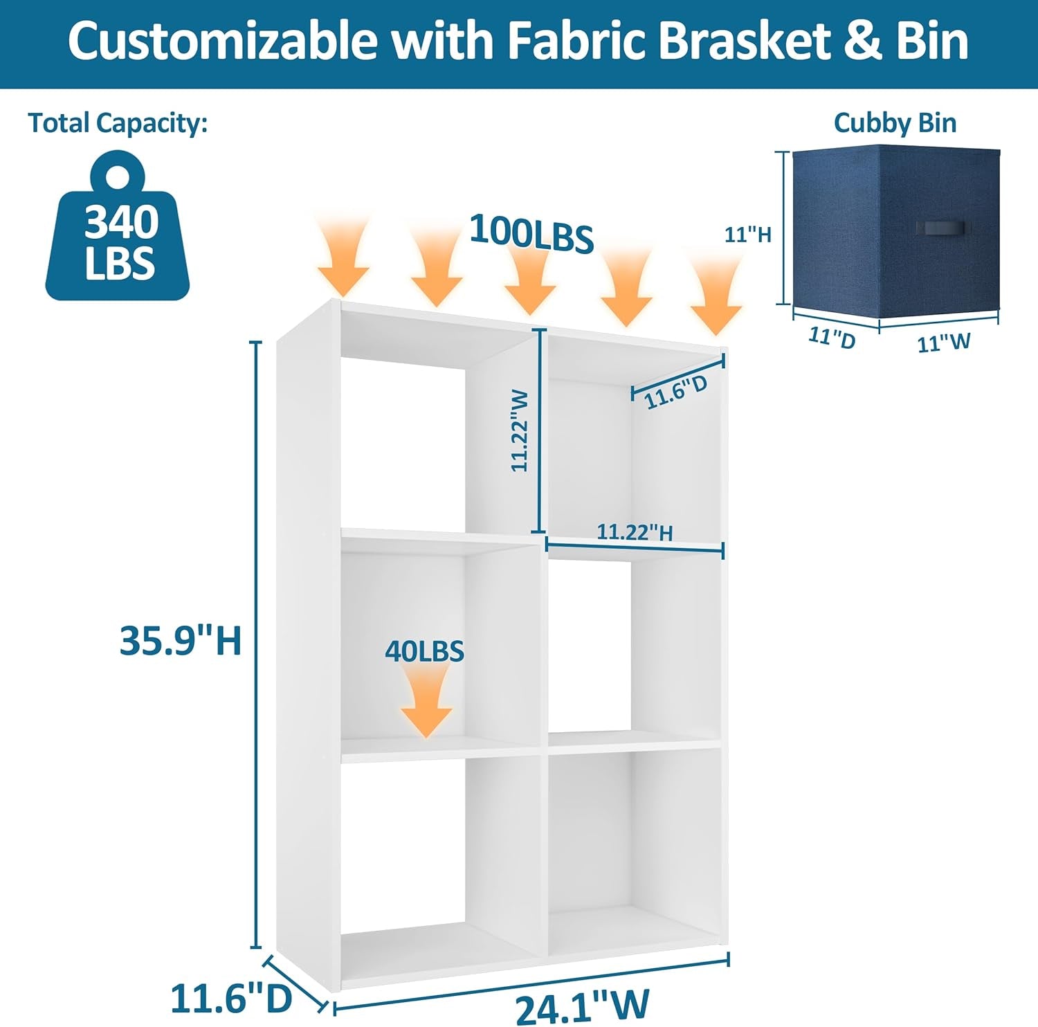 Stackable 6 Cube Storage Organizer: Wood Cubes Shelf Fits Cubby Bins - Square Cubicle Bookshelf Cabinet for Closet Bedroom - Open Storage Shelf for Toy Clothes Book Organization, White