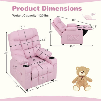 Kids Recliner Chair with Cup Holder, Adjustable Lounge Chair W/Footrest & Side Pockets for Children Boys Girls Room, Ergonomic Toddler Furniture Sofa, Kids Pink Recliner (Pink)