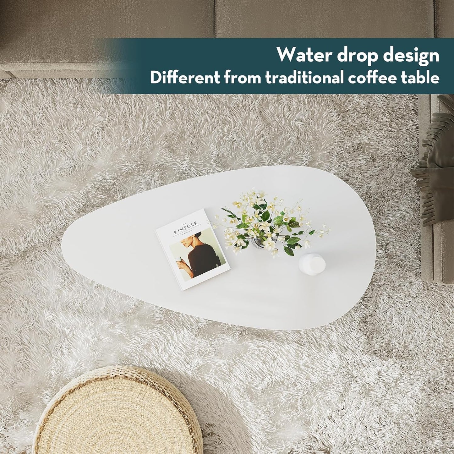 Modern Coffee Table White Oval Coffee Tables for Living Room Simple Center Table for Small Space Home Office Easy Assembly 22.2" D X 42.5" W X 17.1" H, White