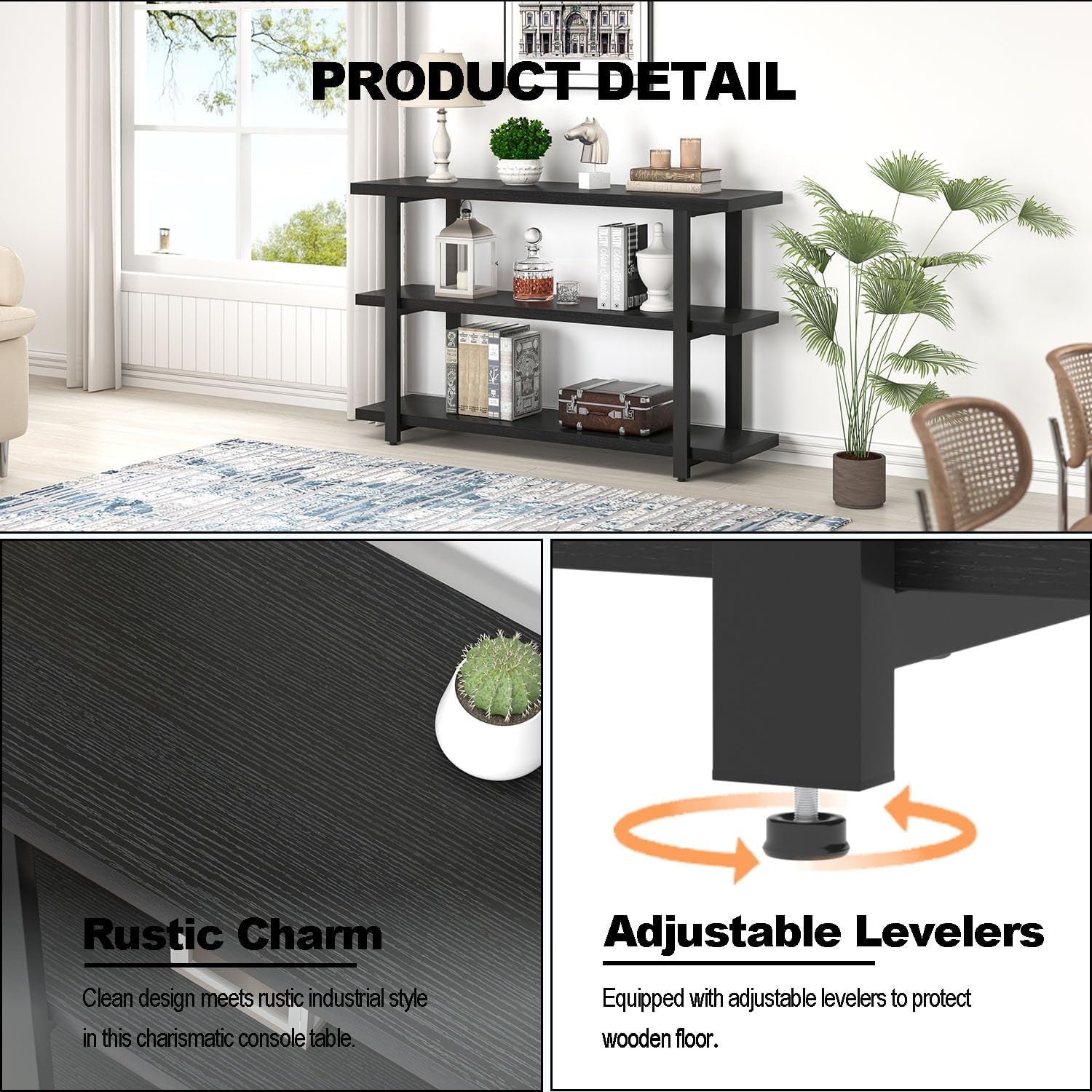 Black Entryway Table, Modern Console Tables with 3 Tier Storage Shelves for Living Room, Wood and Metal Sofa Table for Hallway, Entrance, or behind Couch, 47 Inch