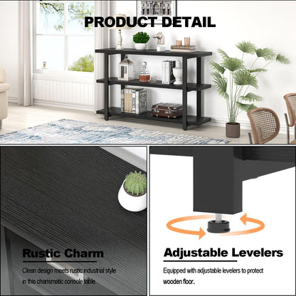 Black Entryway Table, Modern Console Tables with 3 Tier Storage Shelves for Living Room, Wood and Metal Sofa Table for Hallway, Entrance, or behind Couch, 47 Inch