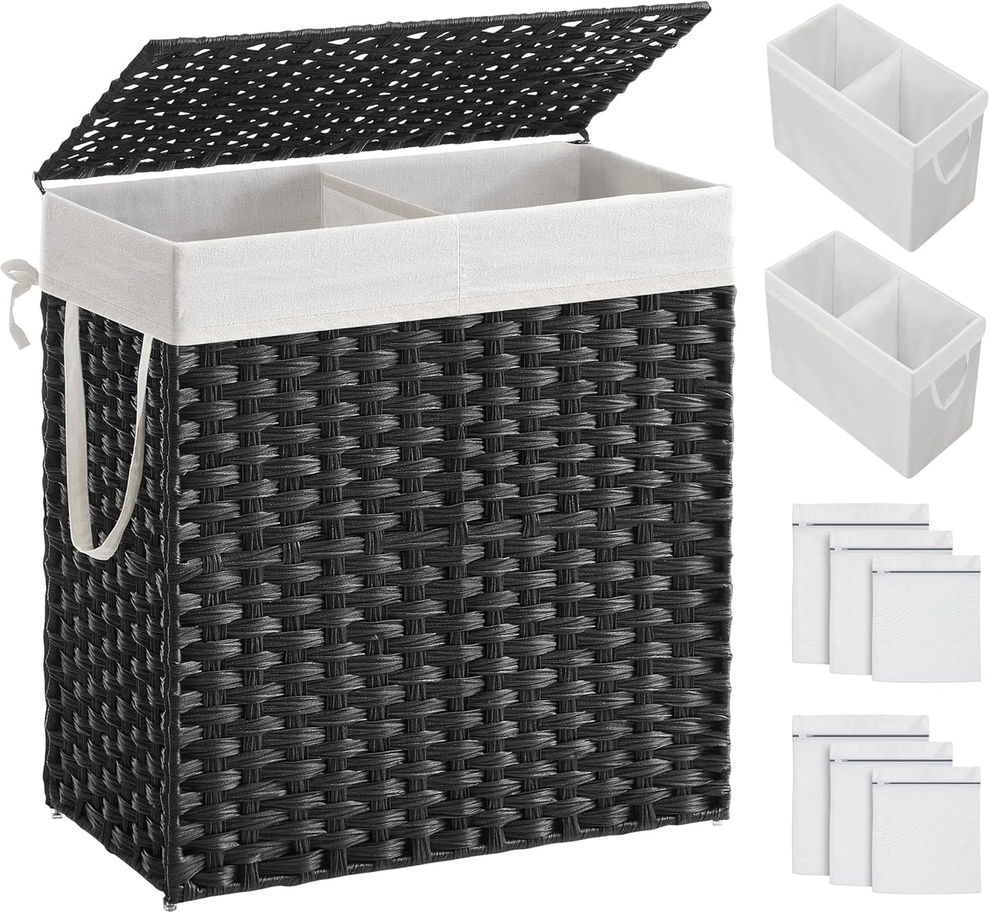 Laundry Hamper with Lid, 90L Clothes Hamper with 2 Removable Liner Bags, 6 Mesh Bags, Wicker Laundry Basket, Double Laundry Hamper for Bathroom, 13 X 18.1 X 23.6 Inches, Natural ULCB251N01V1